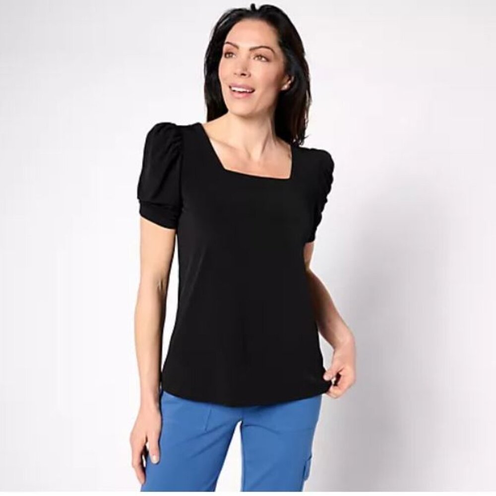 Susan Graver Liquid Knit Square Neck Top with Elbow Puff Sleeves-Black-XX Small